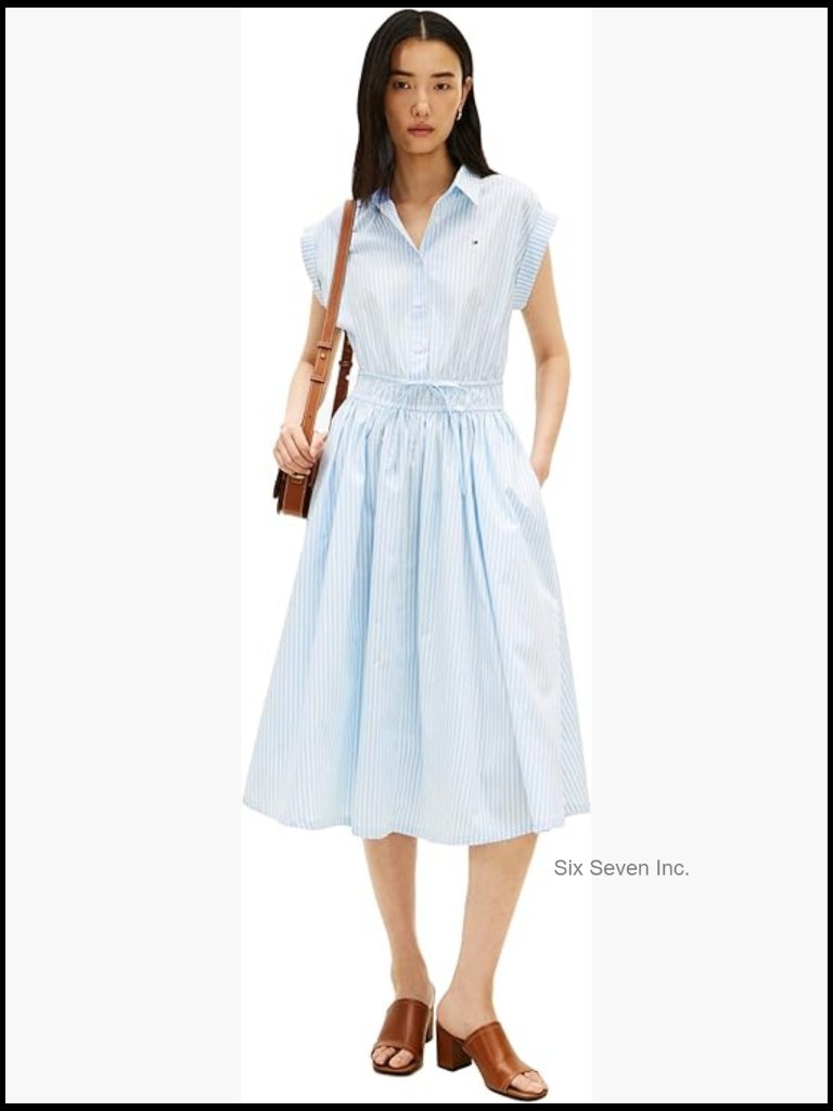 Sleeveless Cotton Striped Shirt Midi Dress With Elastic Waist
